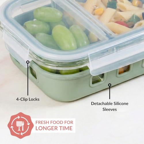 Image of Nestasia Glass Lunch Box with Silicone Sleeve (600ml) - Borosilicate Glass Lunch Box with 2 Compartments for Office | Microwave & Freezer Safe, Leak-Proof Tiffin Box with Clip Locks (Green)