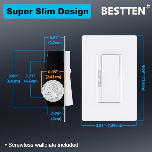 Image of BESTTEN 6PK Slim Dimmer Light Switch, Single Pole or 3 Way Dimmable Switch | ETL Listed, Max 300W LED, CFL, 600W Incandescent, Quiet Rocker, Screwless Wall Plate Included, White