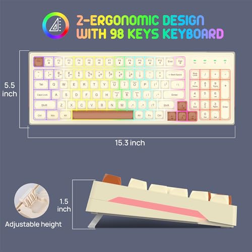 Image of KOLMAX BK98 Wireless Gaming Keyboard, Dual Mode 2.4G /Bluetooth Gaming Keyboard,RGB Backlit Ergonomic 98 Keys PBT Mechanical Feeling Wireless Keyboard for Office Windows Mac PC Gamer(Retro Brown)