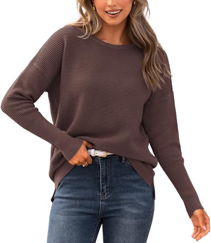 Fall knit sweater for women, ribbed batwing long sleeve top
