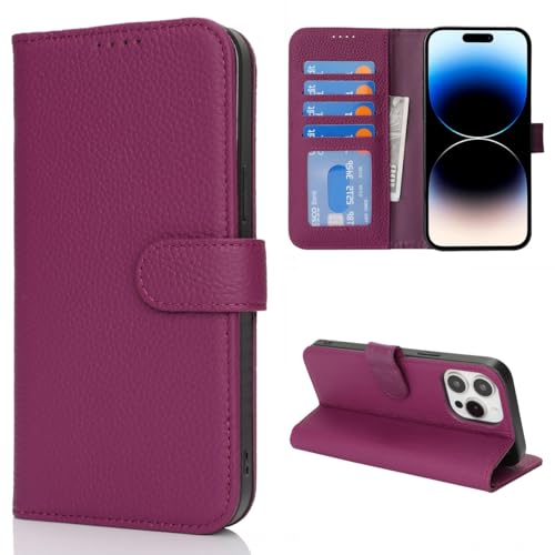 Coque iPhone 14 Pro Max cuir véritable rouge rosé avec étui portefeuille RFID
