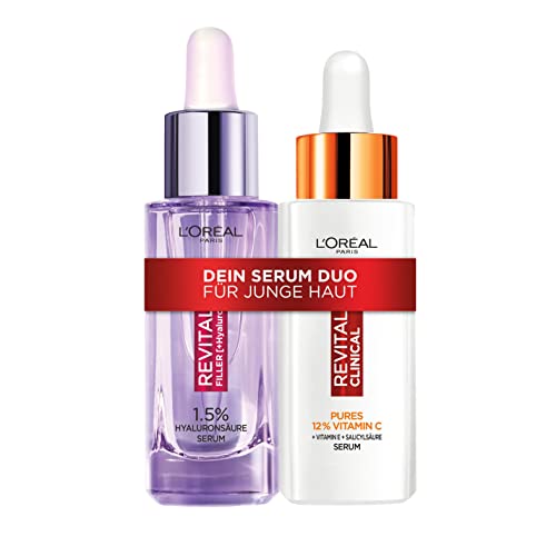 L'Oréal Paris Gesichtspflege Set, Mit Hyaluron und Vitamin C Serum, Feuchtigkeitspflege für einen straffen und strahlenden Teint, Für jeden Hauttyp, Revitalift Filler, Clinical, 2 x 30 ml