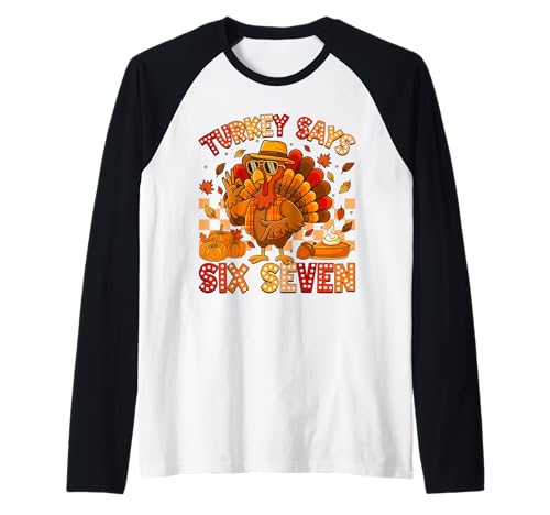 Funny 67 Thanksgiving Meme Turkey Says Six Seven 6 7 Men Boy Raglan Baseball Tee