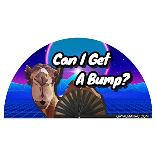 PandaTak Pride Festival Handheld Fan â€“ Large 13" Bamboo Hand Fan Foldable with UV Reactive Ink â€“ Funny Rave Accessory for Parties, Concerts, and Festival Outfits (Can I Get A Bump Camel)