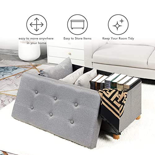 Pinplus Folding Ottoman Coffee Table With Wooden Legs, Grey Ottoman With Storage, Large Linen Ottoman Foot Rest Toy Chest With Tray, End Of Bed Bench For Living Room Bedroom Kids Room, 30"X 15"X 15" #TOP1