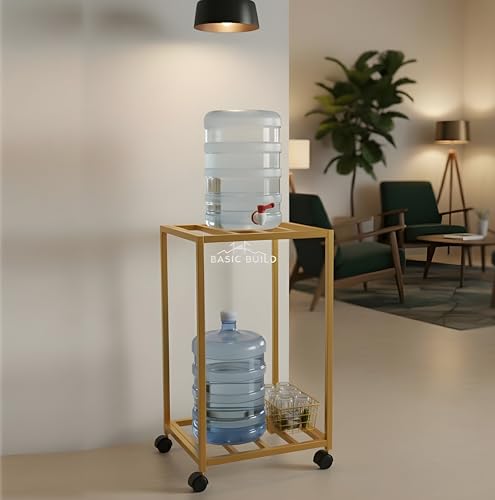Image of 2-Tier Metal Water Dispenser Stand with Lockable Wheels ? Heavy-Duty Frame Cart for 20?25L Bottles, Cans & Jars | Multifunctional Kitchen & Home Storage and Mobility Solution (Golden)