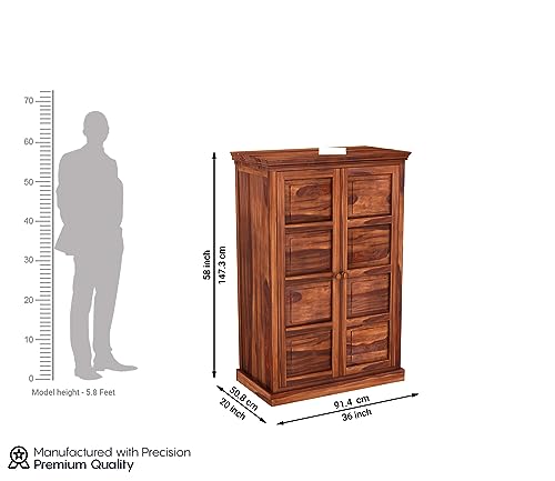 Image of Sheesham Wood Wooden 2 Door Wardrobe Organizer for Clothes | - Solid Wood Almirah with 2 Shelves - with Hanging Space Cupboard for Large Bedroom (Design 24)