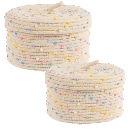 2 Pcs Cotton Rope Basket, Round Basket with Lid, Decorative Woven Storage Baskets, Portable Cotton Rope Storage Box, Multifunctional Lidded Round Basket for Organizing Snacks Yarns Keys Toys (color)