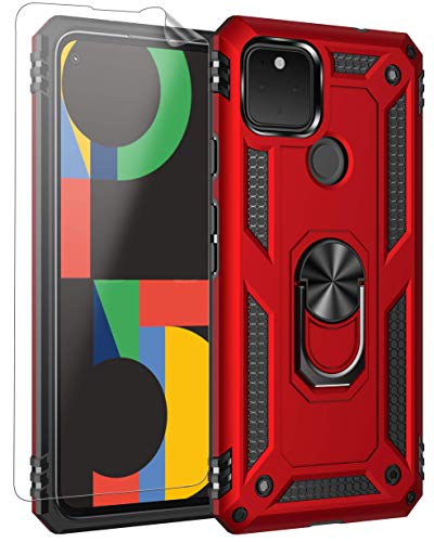 MMY Google Pixel 4a 5G Case with 1 Pack HD Screen Protector [Military Grade] 15ft Drop Tested Rotating Ring Kickstand Cover Case for Google Pixel 4a 5G Phone (Red)