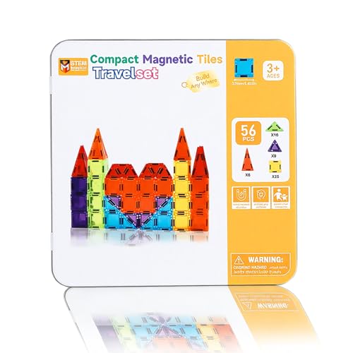 MEESHEEP Mini Magnetbausteine 56-teiliges Reiseset mit Metallbox Spielzeug für Auto Flugzeug & Reisen Geschenk für Kinder ab 3 Jahren