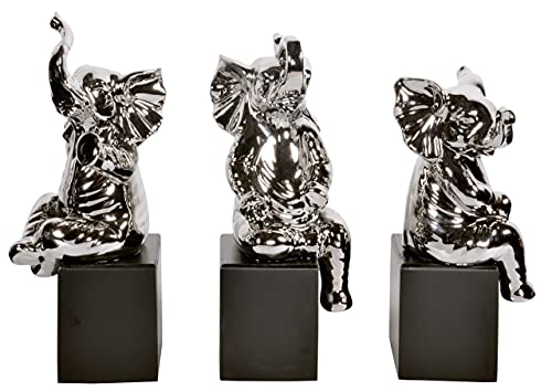 Set de 3 Estatuas de Elefantes de Cerámica con Acabado Cromado Plateado miniatura 3