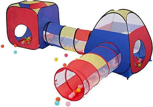 Kids Play Tent PoP Up Tent with Tunnel 4 in 1 Pop Up Kids Play Tent Tunnel Ball Pit PlayHouse with 2 colourful Tunnel 2 Tents & Zipper Storage Bag for Boys Girls Babies -Indoor Outdoor Use