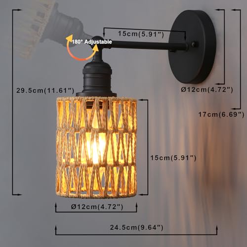 Image of Yosoan Rattan Boho Wrapped Wall Sconce Light, Indoor Hardwired Hand-Woven Farmhouse Vintage Wall Lamps, Brass Handmade Braided Rope Small Straight Shade Wall Mount Fixture for Reading Hallway(Black)