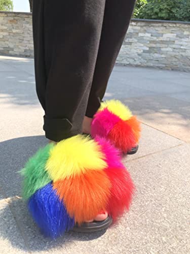 Image of Women's Faux Fur Slides, Open Toe Cute Fur Slippers, Indoor or Outdoor Comfortable Furry Slide Sandals With Fluffy Fur