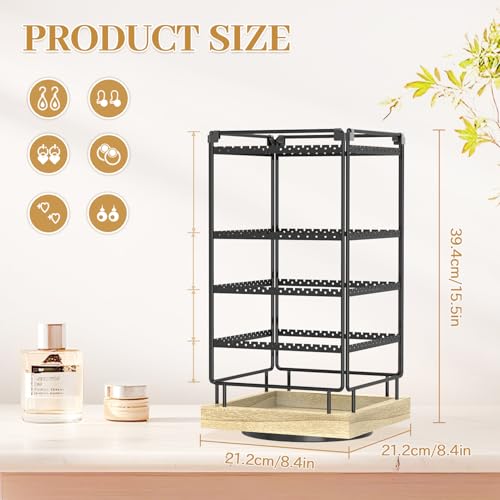 Image of MODOWEY 4 Tier Rotating Earring Holder Organizer Metal Wooden Display Stand Tree for Women, 224 Holes and Grooves Large Storage Rack, Stable Square Tower for Stud Pierced Dangle Hoop, Light Oak