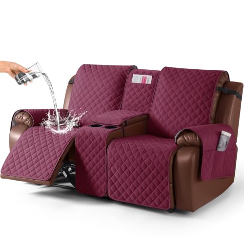 KinCam 100% Waterproof Loveseat Recliner Cover with Console, Burgundy