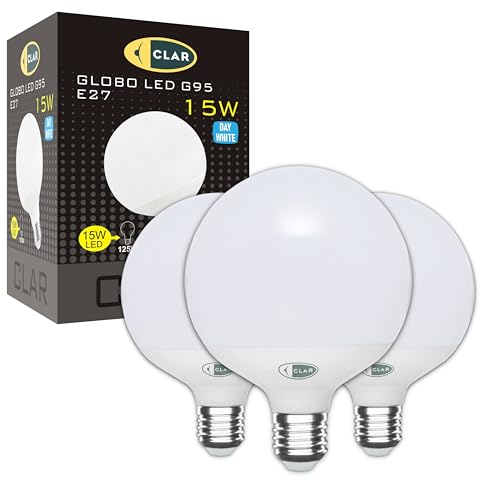 CLAR - Lampadine Grandi A Palla, Lampadina Led E27 Sfera Grande, Globo LED 15W E27, Lampadina Globo E27, Diametro 95 mm (G95), Lampadina non dimmerabile, Luce Naturale 4000ºK (Pack 3)