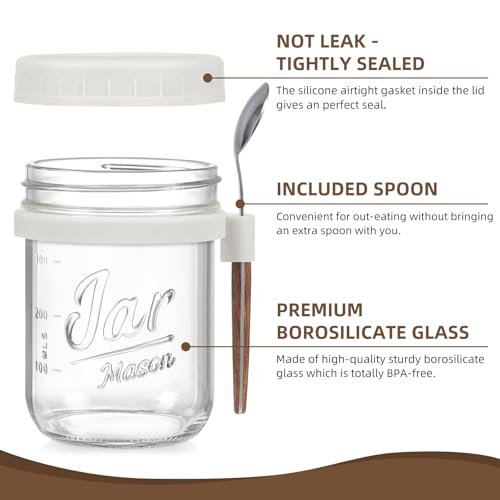 Image of LANDNEOO 4 Pack Overnight Oats Containers with Lids and Spoons, 16 oz Glass Mason Jars with Airtight Lids, Overnight Oats Jars for Milk, Cereal, Fruit-White