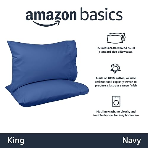 Image of Amazon Basics 400 Thread Count 100% Cotton Pillow Cases, Sateen Weave, King Size, 40 inch x 20 inch, Navy, Set of 2, Pillows Not Included
