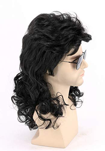 Topcosplay Men Wigs 80S Mullet Wig Black Curly Male Wig Halloween Costumes Punk Rocker Wig Long #TOP1