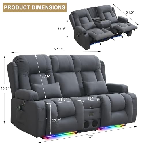Image of URRED Power Loveseat Recliner Sofa with Massage and Heat, Wall Hugger Reclining Loveseat with Console, RV Couch Home Theater Seating with LED Lights for Living Room (Blue Grey, 67 inch - 2 Seats)