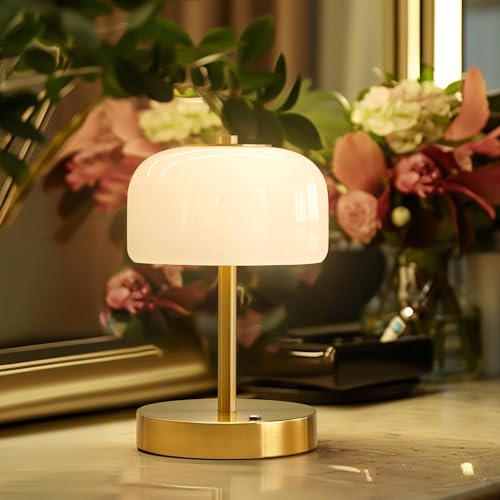 Oneach 9″ Cordless Table Lamp, Gold Rechargeable Battery Operated Lamp, 3-Way Stepless Dimming Touch Lamps, Small Glass Bedside Nightstand Light for Bedroom Dining Table Living Room Shelf Decor