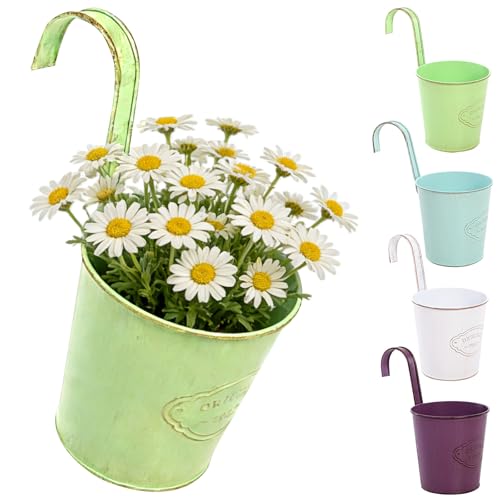 CITÉTOILE 4 Pcs Pot de Fleurs Suspendu Métal avec Trou de Drainage,Pot de Fleur Métal Coloré avec Crochet Amovible, Style Vintage pour Décotation Balcon...