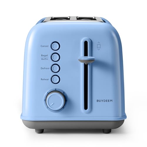 Image of BUYDEEM DT620 2-Slice Toaster, Extra Wide Slots, Retro Stainless Steel with High Lift Lever, Bagel and Muffin Function, Removal Crumb Tray, 7-Shade Settings,Blue