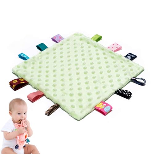 Image of Baby Tags Security Blankets - Baby Soothing Plush Blanket with Colorful Tags, 10 inchx10 inch Square Sensory Toys, Lovey for 3 Months+ Babies Boys and Girls (Green)