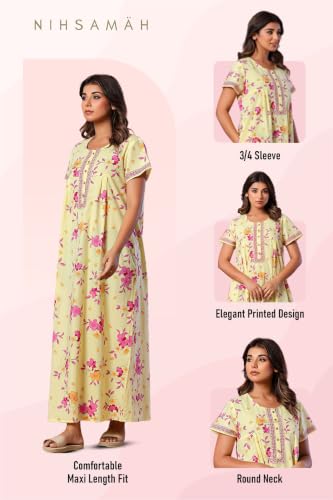 Image of NIHSAMAH Cotton Nighty for Women with Pocket, Premium Printed Long Nighty | Comfortable & Fancy Sleepwear /Nightwear