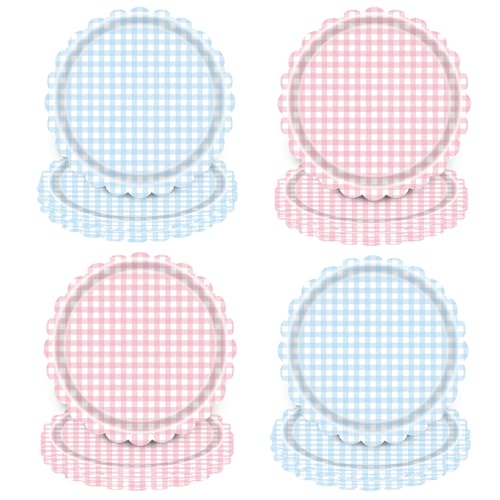 WRXVVTSV 50PCS 7 Inch Pink and Blue Gingham Small Paper Plates Dessert Plates for Baby Shower Gender Reveal Boy or Girl Party Decorations Disposable Scalloped Edge Plates