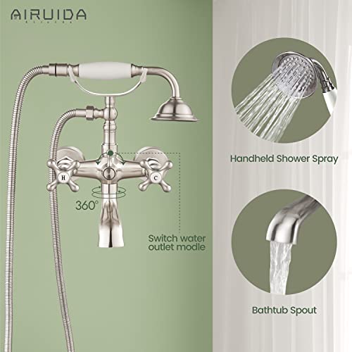 Airuida Brushed Nickel Wall Mount Bathroom Faucet With Handheld Shower Sprayer Wall Mount Only Bathroom Tub Faucet Double Cross Handles Hot And Cold Water Mixer Tap Shower Vintage Style #TOP2