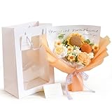 LuckyBundle Champagne Series Crochet Flower Bouquet – Handmade Sunflower, Rose & Tulip Crocheted Flowers for Home Decor, Mother’s Day, Valentine’s, Birthday – Gift Bag & Card Included