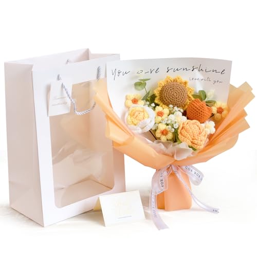 LuckyBundle Champagne Series Crochet Flower Bouquet – Handmade Sunflower, Rose & Tulip Crocheted Flowers for Home Decor, Mother’s Day, Valentine’s, Birthday – Gift Bag & Card Included