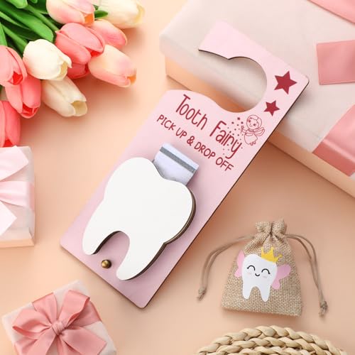 Image of DoubleFill Fairy Tooth Gift Holder Bag Door Hanger Lost Teeth Keepsake Box Tooth Fairy Kit Stores Back to School Gift for Lost Teeth Boy Girl Primary School Classroom Gifts(Classic,Pink Brown)