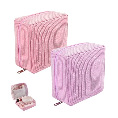 2 Stück Kleine Kulturtasche Set - Menstruationstasche aus Cord zur Aufbewahrung von Damenbinden(12×12×6 cm) - Rosa & Lila-Es kann auch Schmuck, Schlüssel oder AirPods aufbewahren