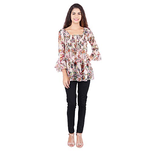 Image of POPWINGS Printed Chiffon Peplum Tops for Women || 3 /4th Sleeves Square Neck Women Tops for Summer || Stylish Western Smocking Women Tops