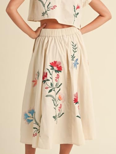 Women’s Embroidered Elastic High Waist A-Line Maxi Long Skirt Bohemian Long Skirts Dress with Pockets2