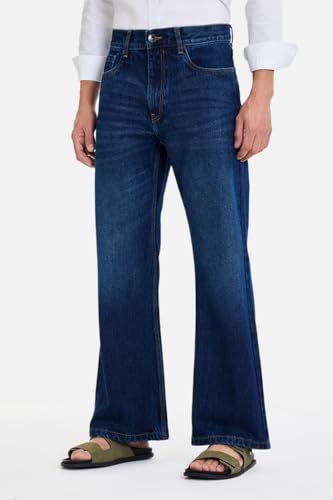 Image of SNITCH Men Flared Fit Jeans | Mid Rise Stone-Washed Denim with Raw Frayed Hem & 5-Pocket Design | 100% Cotton Woven Fabric for Casual & Everyday Wear
