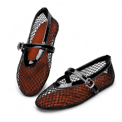 Womens Mesh Ballet Buckle Strap Mesh Ballet Shoes Flats Fishnet Ballerina Flats Wide Width Casual Office Daily Dress Summer Flat Shoes for Ladies(Black 6)