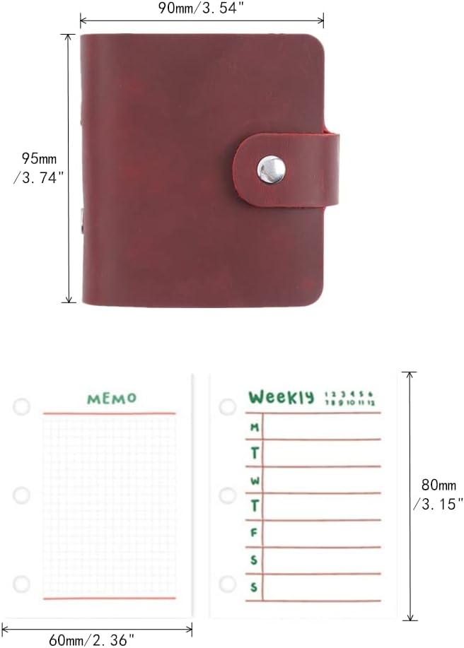 A9 Genuine Leather Journal, Red Handmade Leather Pocket Size Binder Planner, Mini Vintage Leather Planner, 120 Sheets Pages, Loose Leaf 3-Ring with Snap Button Closure (Red)