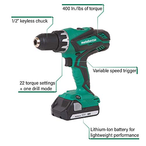 Metabo Hpt Cordless Driver Drill Kit | 18V, Includes 2 Lithium Ion Batteries | Carrying Case | 1/2" Keyless Chuck | Led Light | Variable Speed Trigger | Ds18Dgl #TOP1