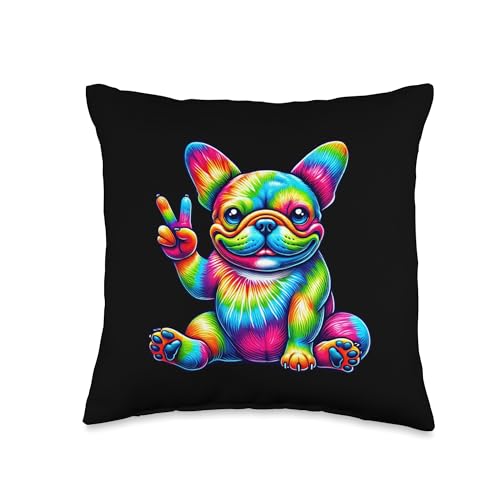 Tie-Dye Frenchie bulldog Peace Sign Hippie novelty graphic Throw Pillow
