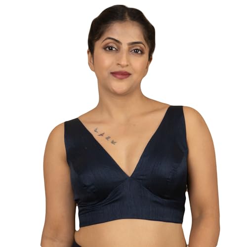 Image of FIGURE'S DESIGNER Women's Dupion Raw Silk Sleeveless V Neck Sabyasachi Cut Readymade Saree Blouse Padded Stitched S4