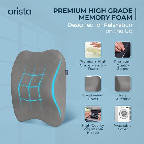 Image of Orista Premium Car Neck Rest Pillow | 2 Years Warranty | Memory Foam Neck Pillow for Car, Headrest Cushion for Neck & Cervical Support - Relieves Neck Pain & Fatigue | Grey Velvet