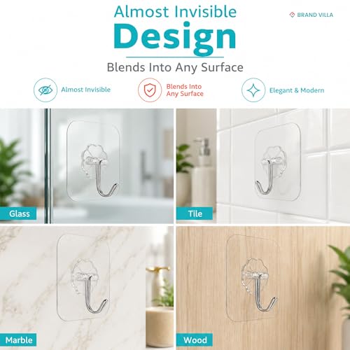 Image of BRAND VILLA Flower Shape Transparent Adhesive Wall Hooks Heavy Duty Waterproof Self Adhesive No Drill Damage Free Sticky Hooks for Bathroom Kitchen Door Towel Key Holder Pack of 10