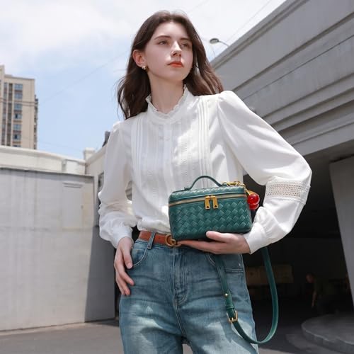 Image of Small Woven Box Crossbody Bags for Women Designer Leather Mini Top Handle Clutch Purse Square Vanity Bag with Cherry Charm