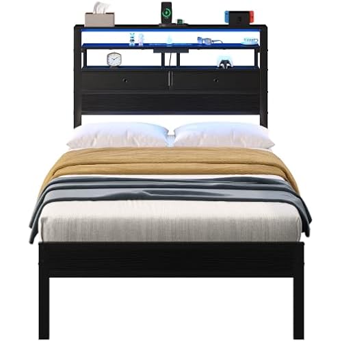 Sweetcrispy Twin Bed Frames with LED Lights and Charging Station, Platform Bedframe with Storage Drawers, 3-Tier Shelves and Under Bed Storage, No Box Spring Needed Beds for Bedroom Furniture, Black