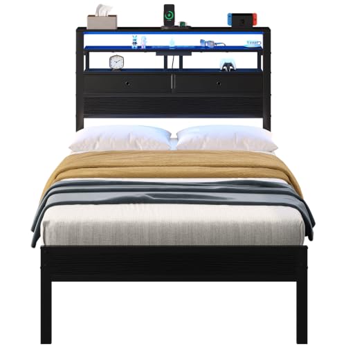 Sweetcrispy Twin Bed Frame with LED Lights & Storage