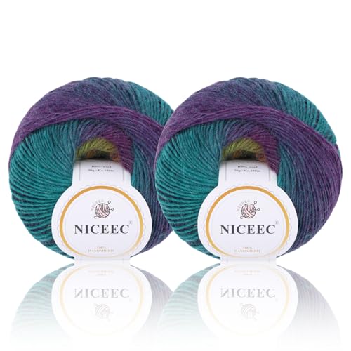Image of NICEEC 2 Skeins 100% Rainbow Wool Yarn Soft Gradient, Self-Striping, Colorful Single Ply Yarn for Crochet & Knitting (Total 196ydsx2 /1.76ozx2) - 30#